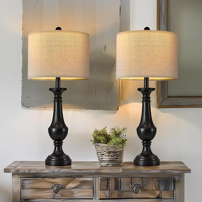 PoKat 27.5" Farmhouse Table Lamp for Living Room, Mid Century Tall Table Lamp for Bedroom, Bedside Lamps for Night Stands, Wood Bedroom Lamp for End Table, Traditional Lamp, Distressed Black