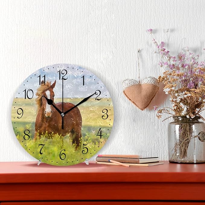 ALAZA Wall Clock Horse and Flower Field Silent Non-Ticking Decorative Wall Clocks Battery Operated 10 Inch for Home Living Room Kitchen Bathroom Bedroom
