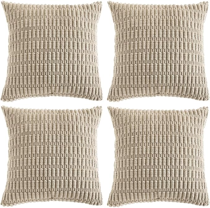 Fancy Homi 4 Packs Taupe Decorative Throw Pillow Covers 16x16 Inch for Living Room Couch Bed, Rustic Modern Farmhouse Boho Home Decor, Soft Plush Corduroy Cute Square Accent Cushion Case 40x40 cm