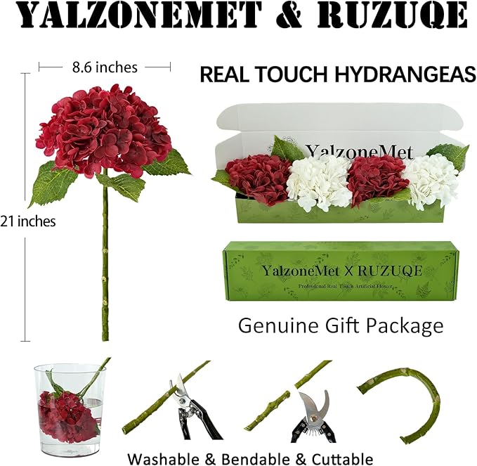 YalzoneMet 4 Pcs Hydrangea Artificial Flower Lifelike 21'' Long Stem Latex Real Touch Hydrangea for Xmas Home Party Kitchen Thanksgiving Table Centerpiec Christmas Wedding Decor 2 White + 2 Burgundy