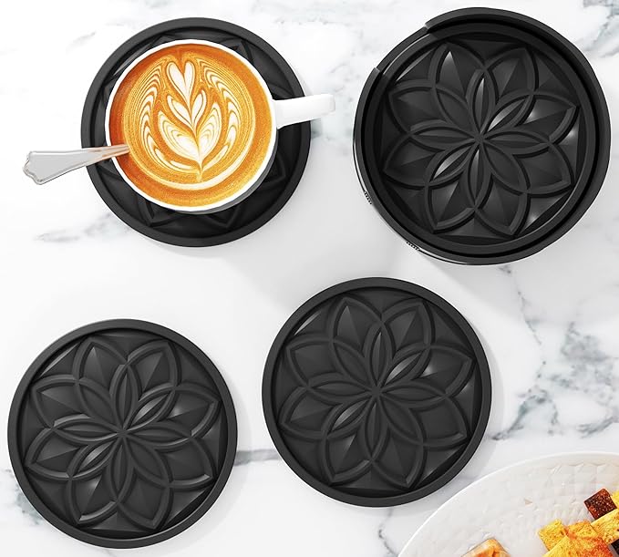 HFHOME Silicone Coasters Set for Drinks - 6 Pcs Cup Mat for Coffee Table, Desk, Bar - Home Decor Tabletop Protection Gift - Black