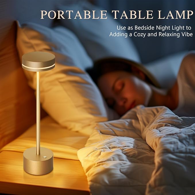 2 Pack Cordless Table Lamp Rechargeable, 3 Way Dimmable Touch Lamp & 5000mAh Long Battery Time, Portable Small Metal Light for Reading/Office/Bedroom/Dining/Nightstand/Desk, Gift for Home Décor – Gold