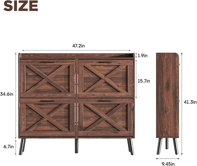 Maupvit Large Shoe Storage Cabinet with 4 Flip Drawers, Narrow Shoe Cabinet for Entryway with Wooden Legs, Freestanding Hidden Shoe Rack Organizer & Metal Hinges, Walnut