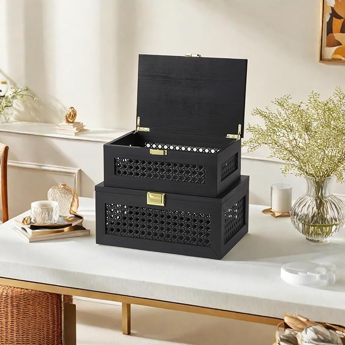 Decorative Rattan Storage Boxes Solid Wood Woven Baskets Bins with Lid Keepsake Memory Jewelry Box Natural Boho Shelf Wicker Closet Desk Organizer Container (Black, Large Size)