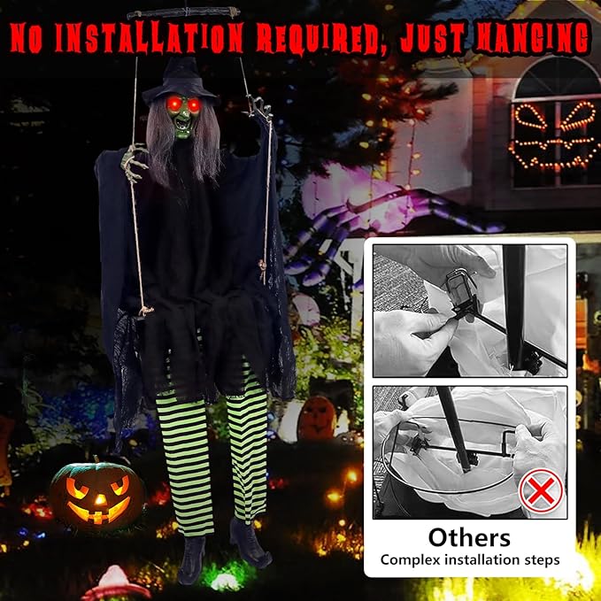 Scary Halloween Decorations Outdoor, Halloween Hanging Swinging Witch with Sound & Slap Activated, Light Up Eyes Creepy Sound Expressions, Large Scary Halloween Decor Props for Indoor Outside