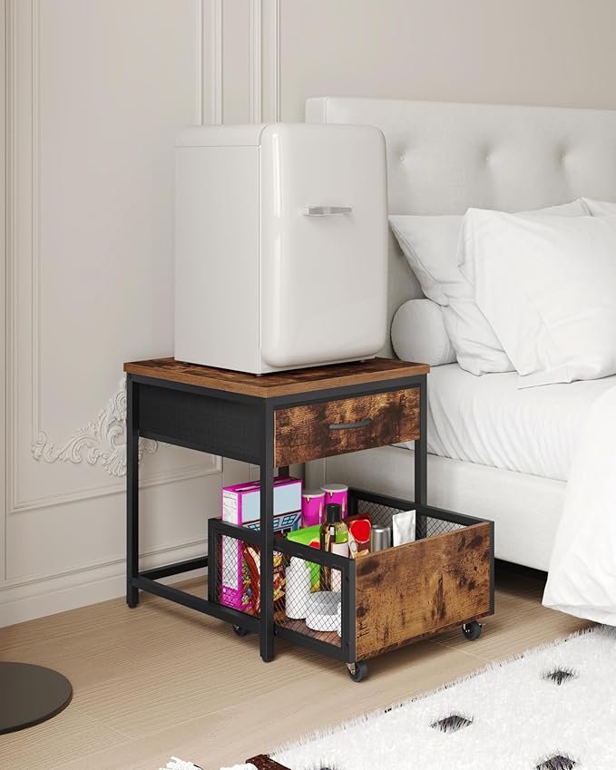 End Table, 19.7 Inch Square Side Table, Mini Fridge Stand with Storage, Nightstand with Mobile Basket Cart, for Living Room, Bedroom, Rustic Brown and Black TBZ55BF