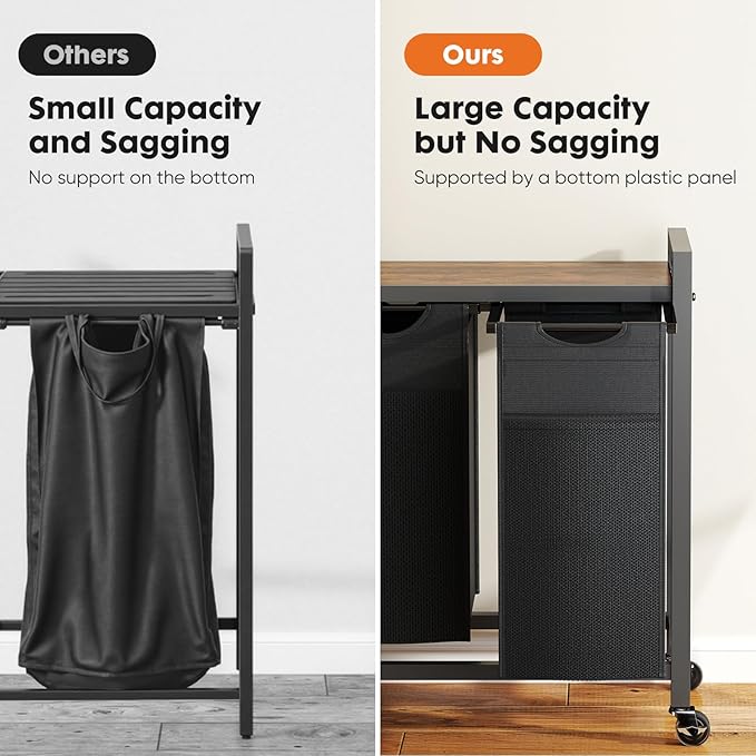 Sweetcrispy Laundry Hamper with 3 Pull-Out Removable Sorter Bags 3 × 9.7 Gal (110L) Capacity, Movable Wheels, Freestanding Clothes Basket Organizer in Bathroom, Rustic Brown and Black
