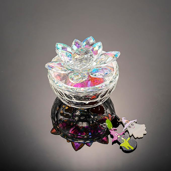 Crystal Jewelry Box Lotus Glass Jewelry Trinket Box with Lid Decorative Box to Ring Earrings Necklace Storage Holder for Home Decor(Dazzling Colors)