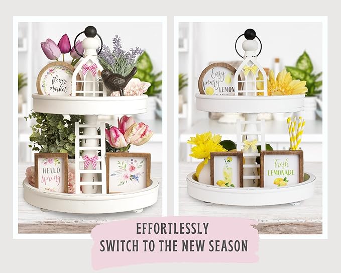 The Ultimate Farmhouse Tiered Tray Decor Set - Beautiful Year Round Seasonal & Holiday Decoration Bundle - The Perfect Lemon, 4th of July, Summer and Spring Centerpiece Design for Home & Kitchen Decor