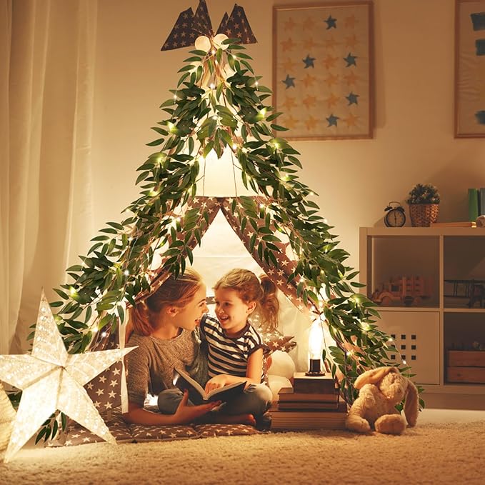 RECUTMS Artificial Hanging Willow Leaves Vine Twigs with Light 2Pc 5.7Ft Fake Silk Green Leaves Ivy Garland Faux Greenery Decoration for Indoor Outdoor Home Wedding Jungle Birthday Party Garden Table
