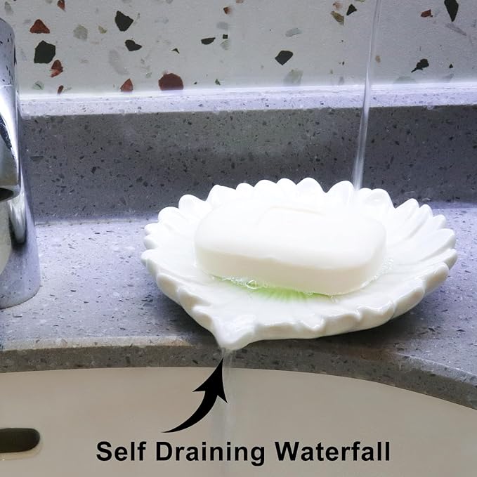 Self Draining Soap Dish Inspired by Daisy Flower Ceramic Waterfall Soap Dish Soap Savers for Bathroom,Shower,Bar Counter