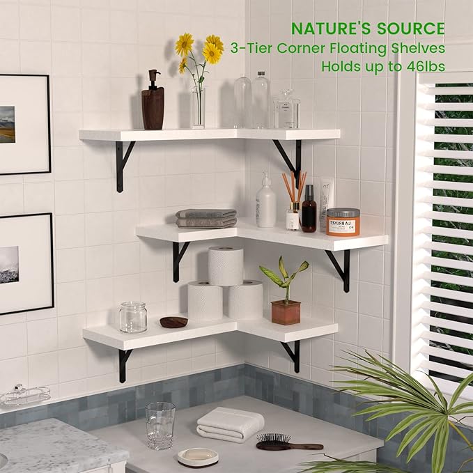 NATURE'S SOURCE Corner Floating Shelves Set of 3, Corner Shelves Wall Mounted, for Bedroom Kitchen Living Room Bathroom Office- Gothic Style (White, Set of 3)