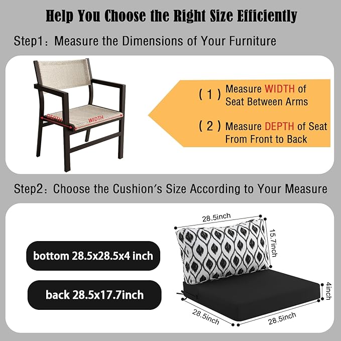 idee-home Outdoor Cushions for Patio Furniture, Outdoor Seat Cushion, Waterproof Hampton Bay Deep Seat Replacement Couch Chair Cushions for Garden Lawn Backyard Deck, 28.5 x 28.5 Black Pattern