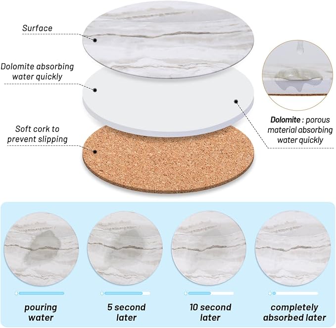 Acejoz Drink Coasters with Holder for Coffee Table, Absorbent Coaster Sets of 6, Marble Style Ceramic Coaster for Wooden Table, Suitable for Kinds of Cups, Home Decor, 4 Inches