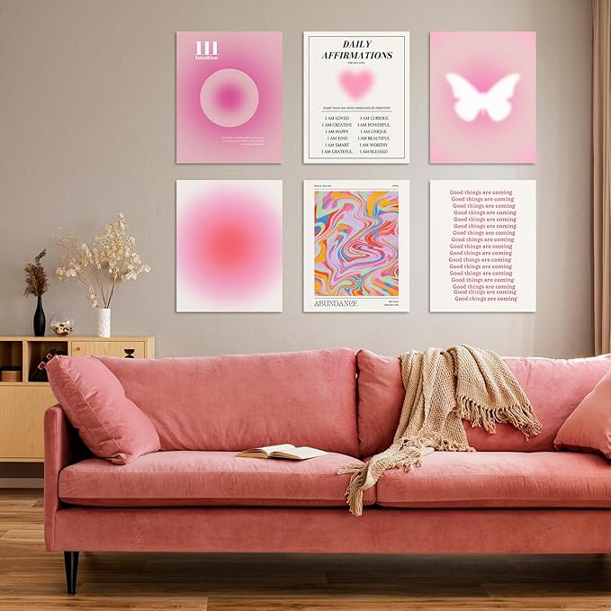 Habseligkeit Pink Wall Art Prints, Abstract Gradient Wall Posters, Buttefly Wall Art, Pink Room Decor for Aesthetic Bedroom 8x10inch, Unframed