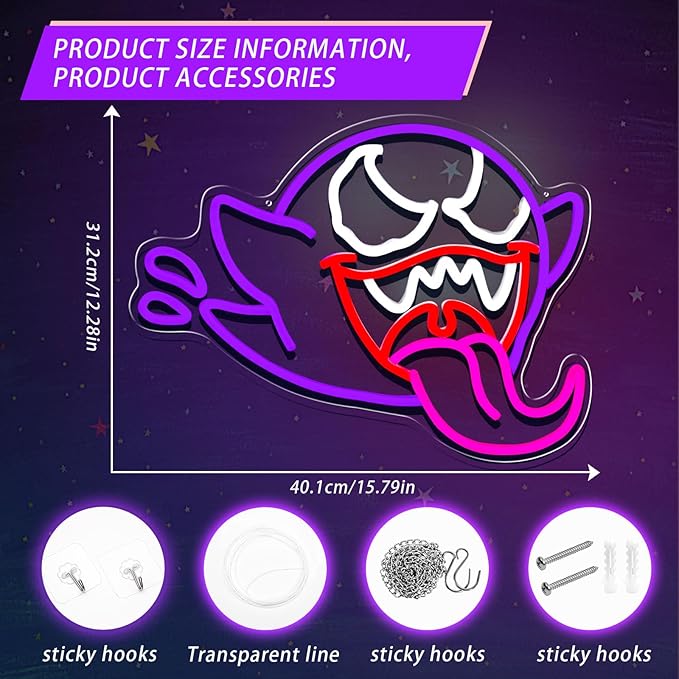 King Boo Neon Sign For Wall Decor, Ghost Face Dimmable Neon Light For Bedroom Led Light Up Sign Creative Room Decor, Gaming Backdrop Home Party Birthday Gift For Kids Boys Girls