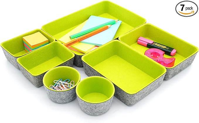 Welaxy Drawer organizers bins felt trays desk storage bins dividers small drawers for office supplies 7-piece Pack back to school college gift idea (Green)