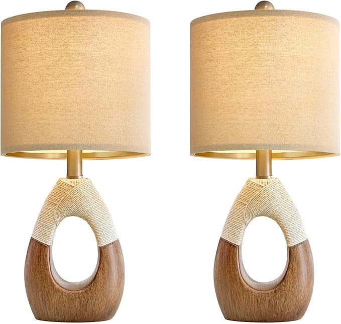 OYEARS Boho Table Lamps Bedroom Living Room Set 2,Suitable for Small Space,Farmhouse RattanTable Lamp 19”Rustic Egg Design Resin Light Decoration,Nightstand Bedside Lamps for Office Study Rest
