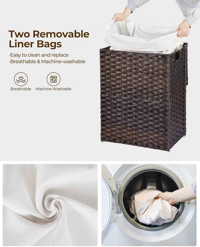 Greenstell Laundry Hamper with Lid, 125L Laundry Basket with 2 Removable Liner Bags & 2 Mesh Bags, Handwoven Synthetic Rattan Clothes Hamper for Clothes, Toys in Bathroom, Bedroom, Foldable, Brown