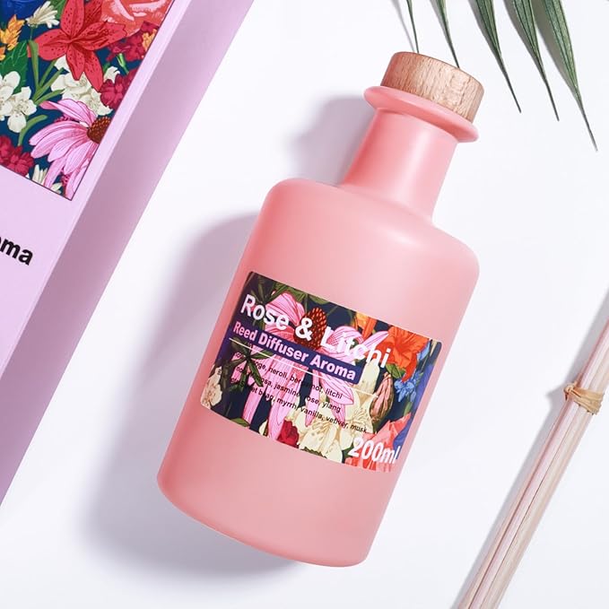 Reed Diffuser Set - Rose & Litchi Essential Oil, 6.8fl oz/200ml Sweet Floral Aroma Scented Oil, Large Capacity Color Bottle, Home Aromatherapy for Bedroom Bathroom Office Shelf Decor