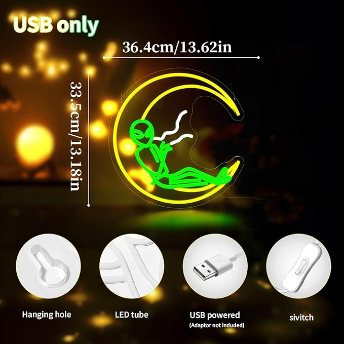 Alien Moon Neon Sign for Wall Decor Led Neon Signs Light Up Sign Room Decor Neon Lights Sign USB Powered