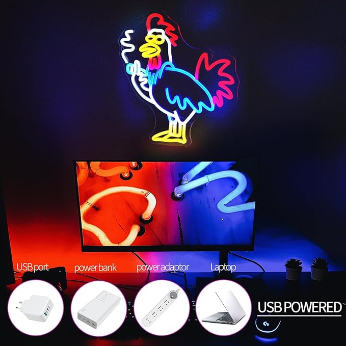 Rooster Neon Signs for Wall Decor LED Light Sign for Room Decor Aesthetics Light Up Sign for Birthday Party Decoration Aesthetics USB Powered