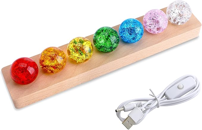 7 Colors 40mm Ice Cracked Balls Crystal Chakra Balls with LED Wooden Base Glass Healing Sphere Balls with Stand Night Light Decoration Quartz for Home Living Room