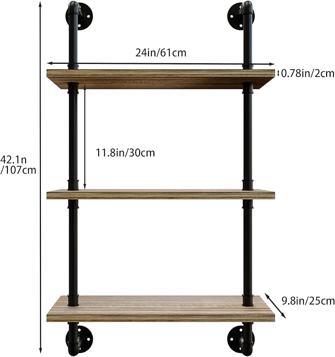 3 Tier Industrial Pipe Shelf,24 inch Floating Shelves with Solid Wood Plank,Pipe Book Shelves for Farmhouse,Industrial Wall Shelves for Bedroom,Kitchen,Living Room,Bathroom