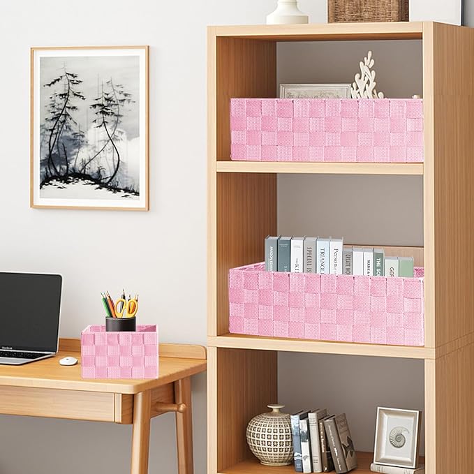 Drawer Organizer, Cube Baskets for Storage Shelves, Handmade Small Woven Basket, Shallow Storage Bins for Organizing Desk, Dresser, Kitchen, Pantry, Nested 7 Pack, Pink