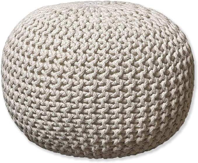 Chardin home- Crochet Ivory Pouf - Cozy & Bohemian, Recycled Cotton, Hand Crafted Casual Seating/Ottoman for Home, Office, Bedroom, 18"x18"x14".