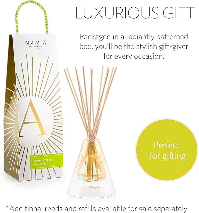 Agraria Lemon Verbena Reed Diffuser Set, 12 Reeds Essential Oil Freshener Sticks, Scent Diffusers for Home Fragrance, Scented Oil Diffuser Gift Box
