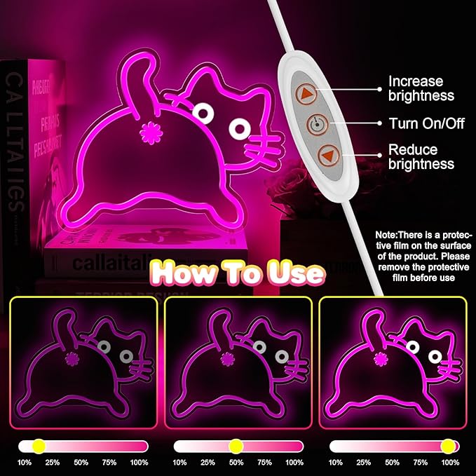 Cat Neon Sign for Wall Decor,Dimmable Funny Kitty Neon Light,Pink Animal Light Up Signs for Bedroom Party Bar Background Decoration