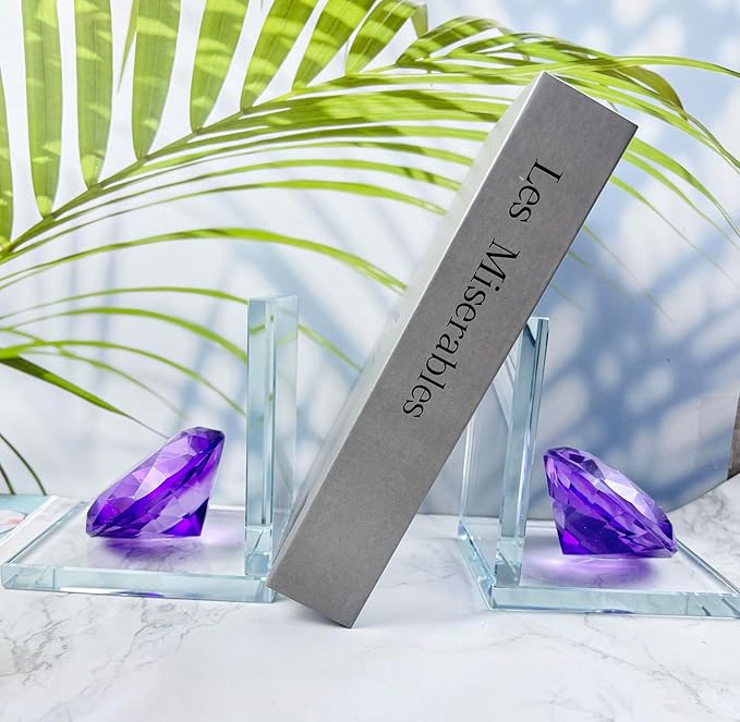Crystal Bookends Decorative Glass Book Holders Heavy Duty Book Ends with Diamond for Shelf Decor Unique Book Stopper Purple