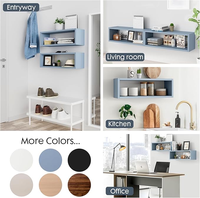 Kaboon 24in Floating Cube Shelves Set of 2, Display Shelves Wall Mount, Decorative Hanging Shelves for Kitchen Living Room Office,(Grayish Blue, Rectangle 2 Cubes)
