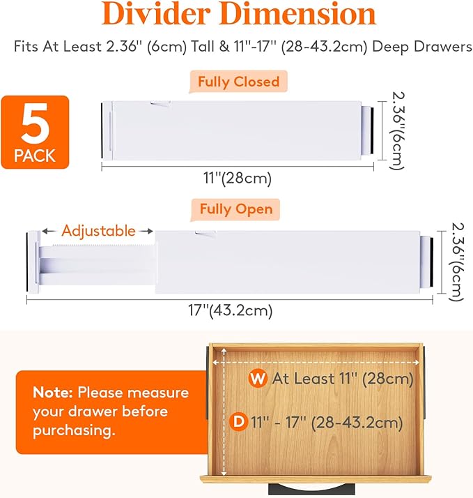Lifewit 5 Pack Clothes Drawer Dividers 2.36" High, 11"-17" Adjustable Drawer Organizer for Clothing/Makeup, Plastic Expandable Separators in Kitchen/Dresser/Bathroom/Office Organization & Storage