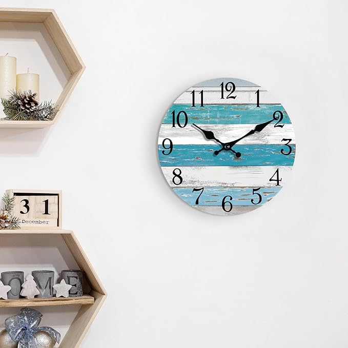 Wall Clock Battery Operated 14 Inch Outdoor Large Beach Style Blue Coastal Retro Silent Non Ticking Decorative for Bathroom Kitchen Living Room Bedroom