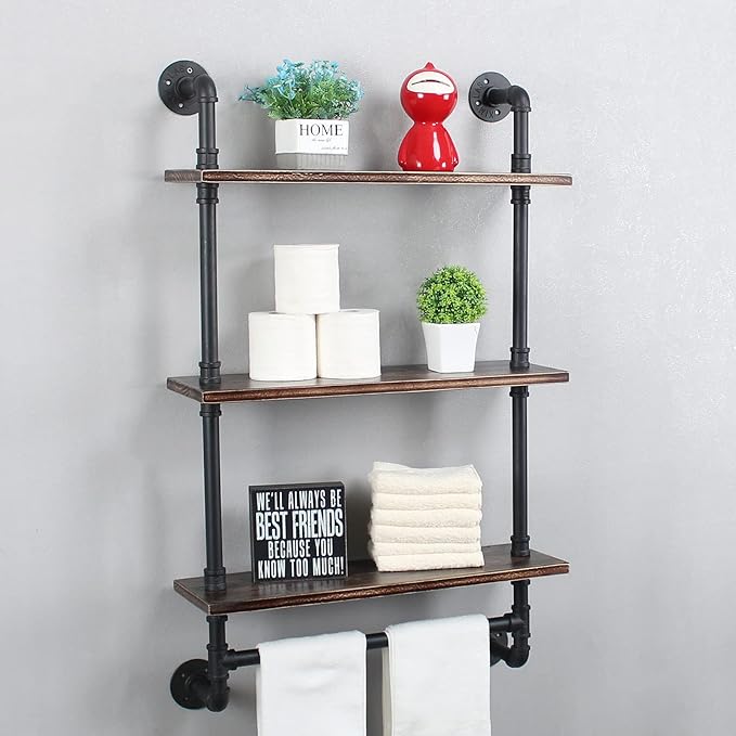 Industrial Pipe Shelving,Iron Pipe Shelves Industrial Bathroom Shelves with Towel bar,24in Rustic Metal Pipe Floating Shelves Pipe Wall Shelf,3 Tier Industrial Shelf Wall Mounted,Retro Black