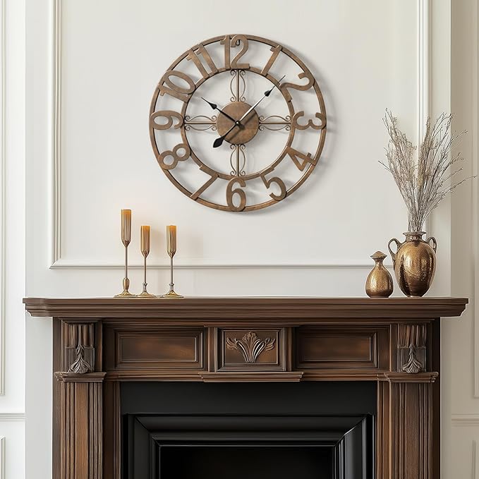Wall Clock, 16 Inch Bronze Metal Wall Clock Silent Non-Ticking Battery Operated, Large Round Retro Arabic Numerals Analog Decorative Clocks for Living Room Kitchen Mantel Office