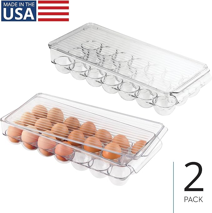 iDesign Plastic Egg Holder with Lid and Handle - Holds 21 Eggs - Set of 2 - Clear - Made in USA