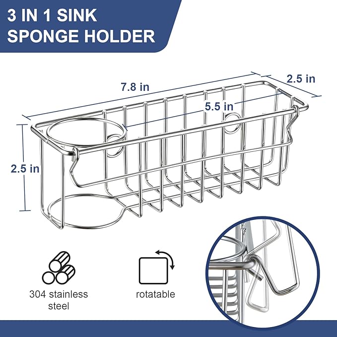 3-In-1 Sponge Holder for Kitchen Sink with Suction Cups & Adhesive Hook, In-sink Sponge Holder, Wall Hanging Sink Caddy Organizer Rack - Sponge, Dish Cloth, Brush, Scrubber - 304 Stainless Steel