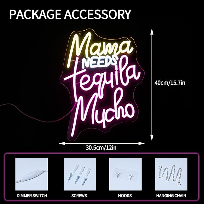 Mama Needs Tequila Mucho Neon Sign for Wall Decor Dimmable Led Lights Signs Letters LED Neon Signs for Pub Yellow Neon Light Pink Room Decor for Club Bistro Home Bar Party Decoration Gift