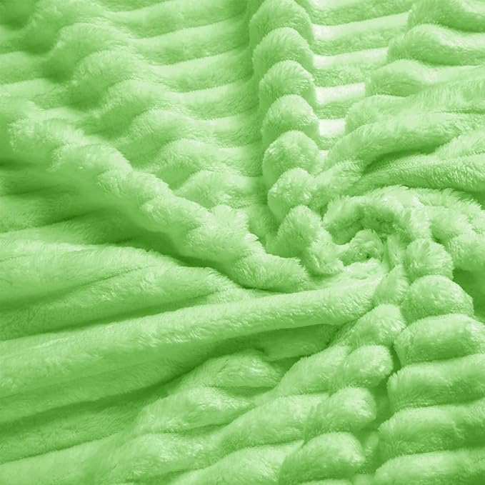 Vessia Flannel Fleece Throw Blanket for Couch, Sofa, Bed, 300GSM Microfiber Light Green Striped Chair Blanket, Super Soft Warm Cozy Lightweight Ribbed Throw for All-Season