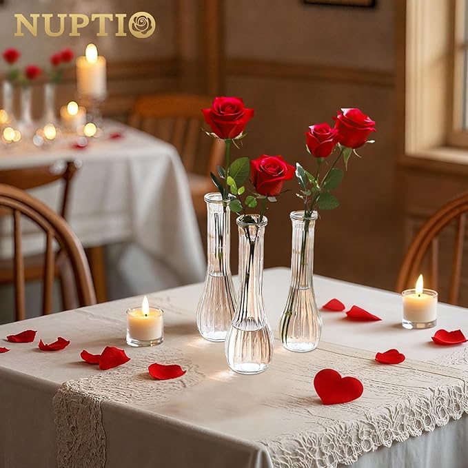 NUPTIO Glass Bud Vases Centerpiece: 12 Pcs Small Flower Vase for Wedding in Bulk - Cute Clear Ribbed Vase for Party Events Home Table Decor
