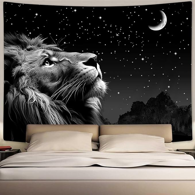 Boziqr Cool Lion Wall Hanging, Space Stars Moon Wall Art for Men, Aesthetic Black Wall Hanging for Bedroom, Living Room, Dorm Room Decor - 60x40 Inches