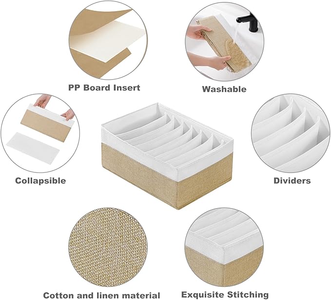 4 Packs T-shirt Drawer Organizers for Clothing,8 Grids Compartment Wardrobe Storage Box, Washable Clothes Organizer for Folded Clothes, Legging, Silk Scarve-12.59''x9.05''x5.9-BeigeWhite