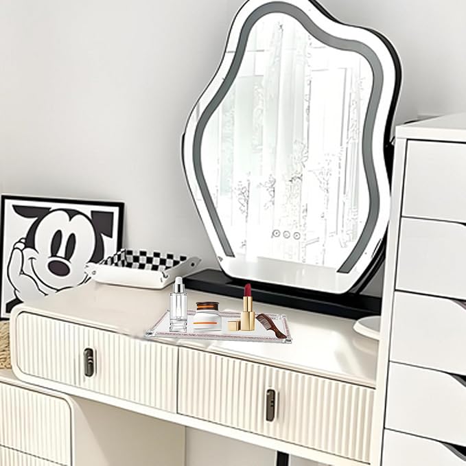 Mirrored Vanity Tray, Crushed Diamond Filled Crystal Glass Cosmetic Makeup Tray, Sparkle Perfume Jewelry Trinket Countertop Decorative Tray, for Home Party Hotel Banquet Dresser Bathroom Bedroom