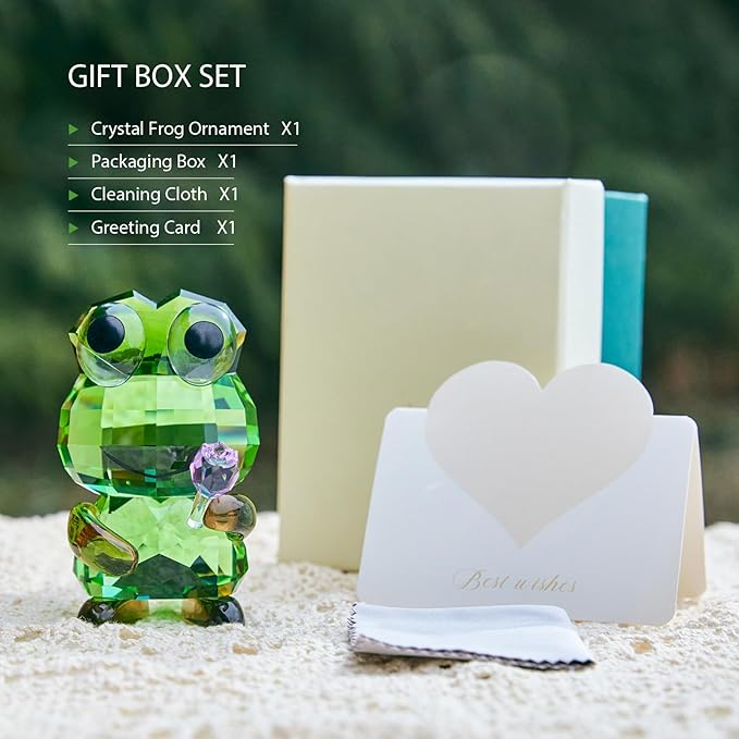 Crystal Frog Figurine with Purple Rose - Glass Animals Desk Decor & Home Office Ornament, Handmade Art Collectible Gifts