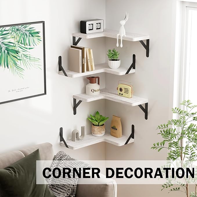 Muzilife Corner Floating Shelves Wooden Floating Shelve Set of 4, Wall Mounted for Storage, L-Shaped Shelves for Wall Decor Wall Organizer for Bedroom, Bathroom, Kitchen, Living Room and Office, White