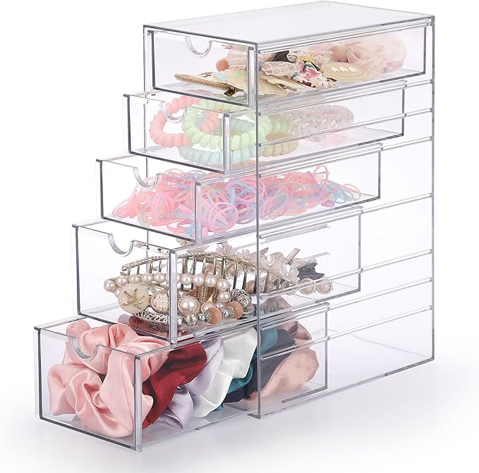 Hipiwe 5-Drawers Plastic Storage Organizer, Clear Hair Accessories Organizer with Large Capacity for Bathroom, Dresser, Cosmetic Hair Tie Container for Girls Women