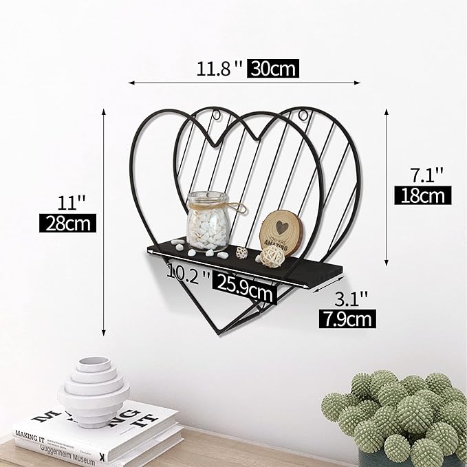 Afuly Floating Shelves - Black Wall Shelf, Heart Shaped Modern Minimalist Storage Rack Organizer for Bedroom, Bathroom, Living Room Home Decor